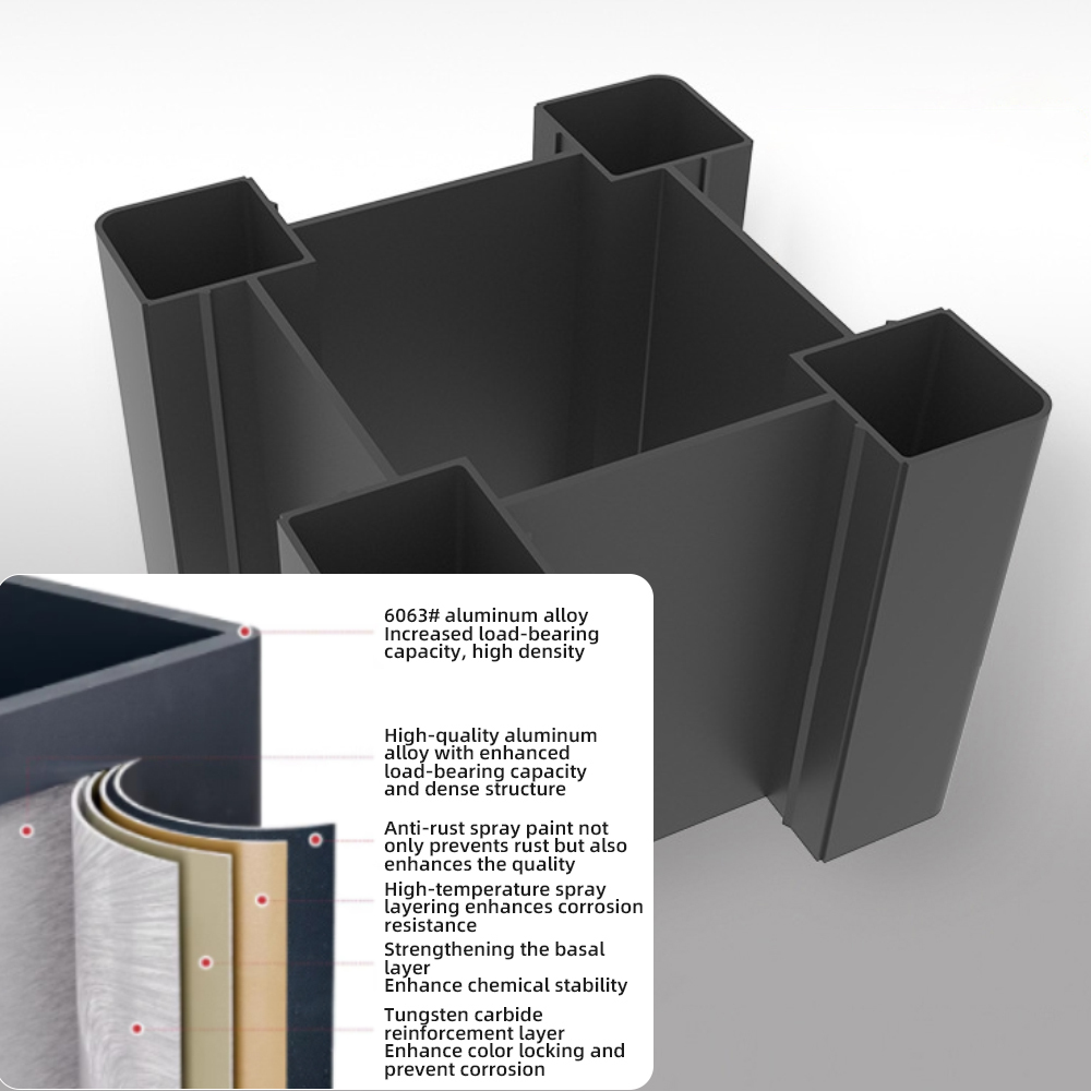 Close detail of reinforced aluminum pergola post geometry and finish layers
