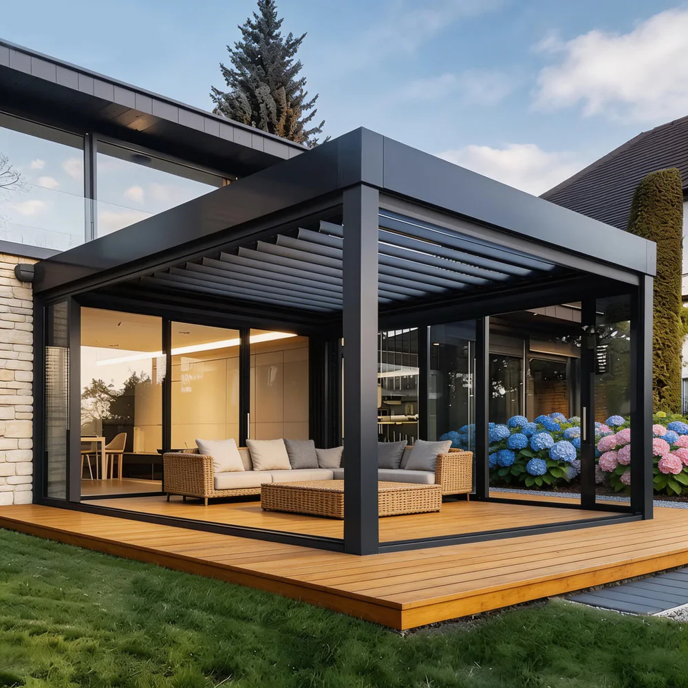 Attached black aluminum louvered pergola over a residential patio