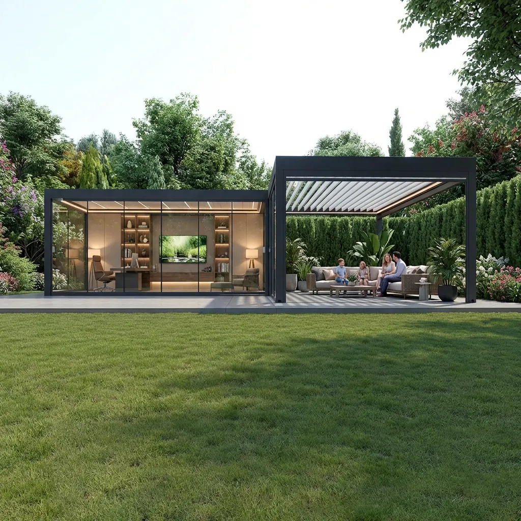 Aluminum louvered pergola linking a house-side patio and backyard lounge