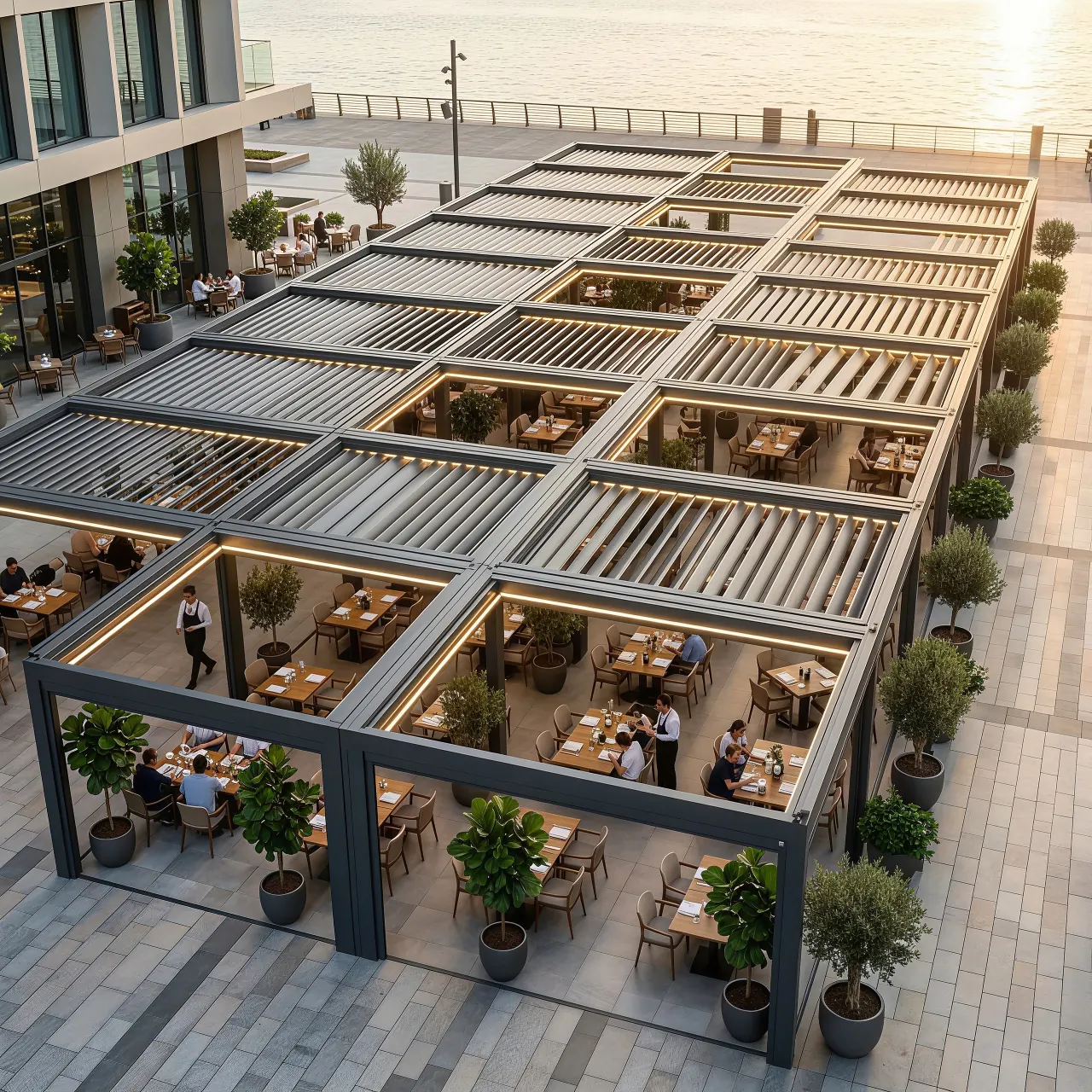 Large commercial aluminum louvered pergola covering restaurant dining areas
