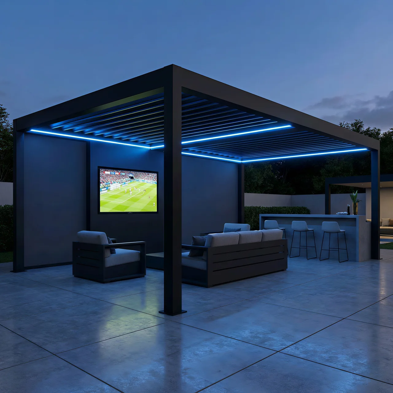LED-lit black aluminum louvered pergola used as an outdoor lounge at night
