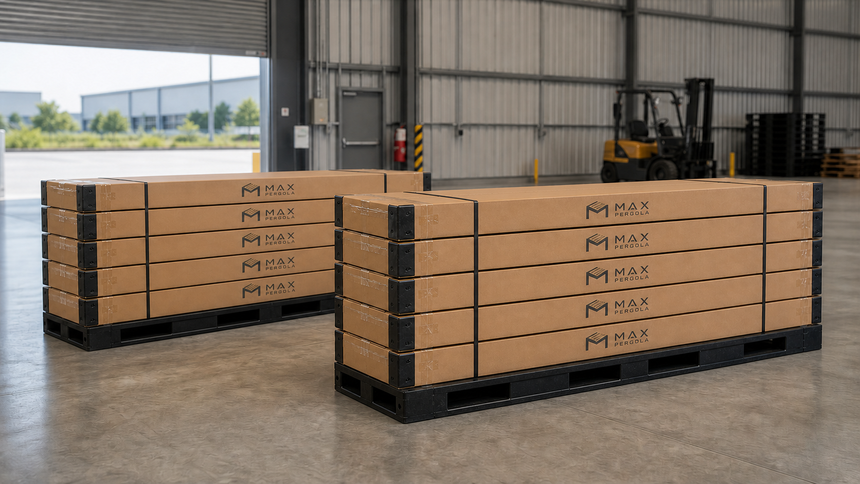 Ten branded Max Pergola long-carton packages staged on two pallets in a warehouse