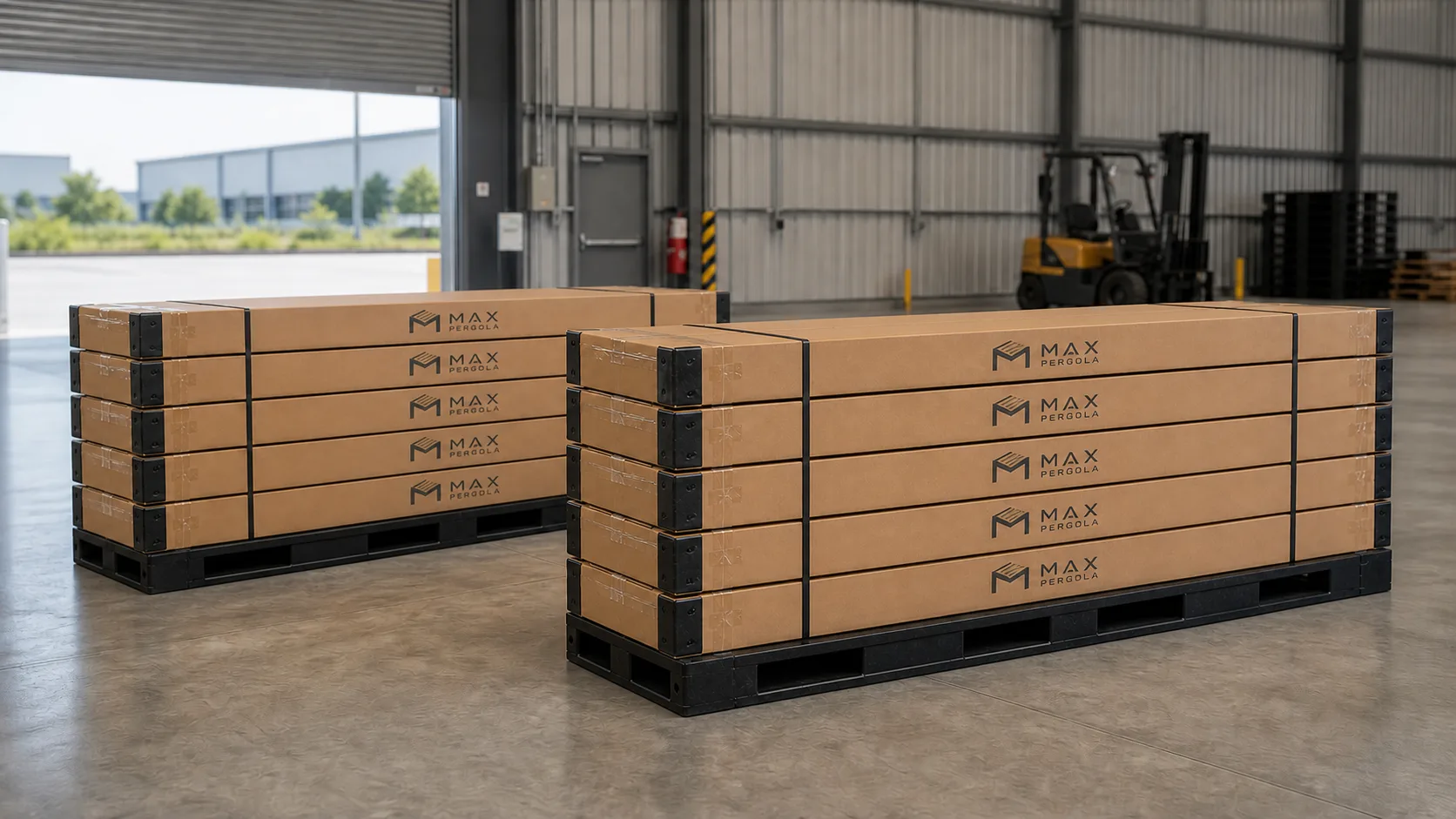 Max Pergola long-carton kit packages prepared for project delivery