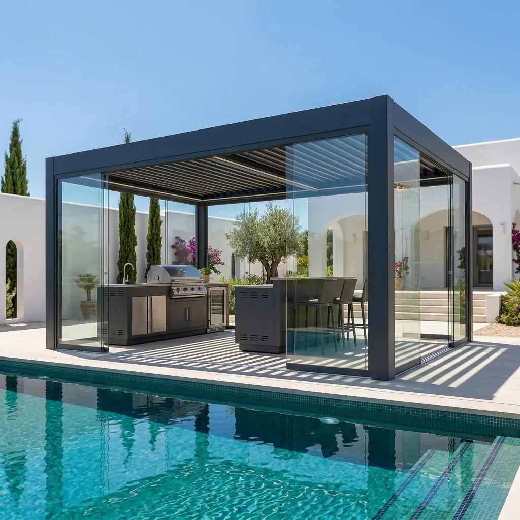 Aluminum louvered pergola over a raised outdoor dining area