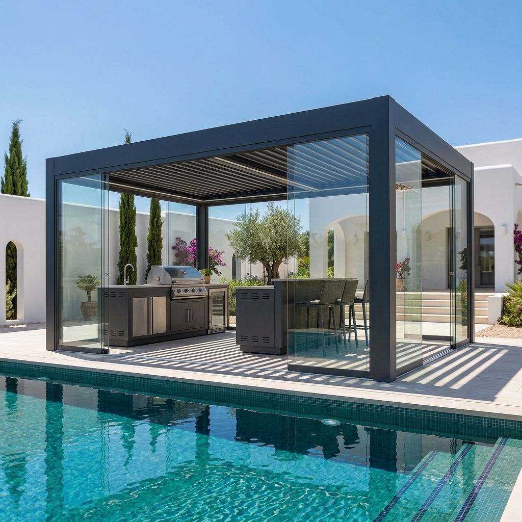 Charcoal aluminum louvered pergola with glass side panels beside a swimming pool