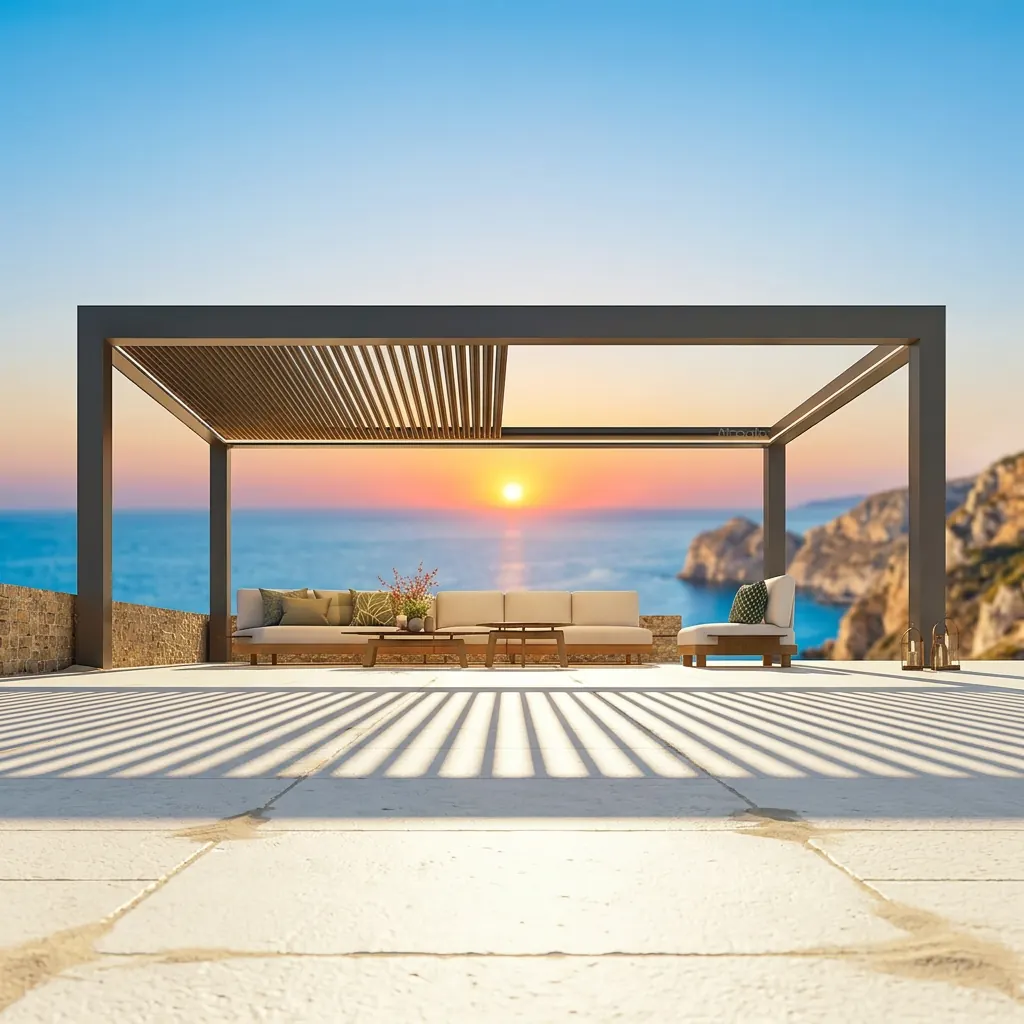 Compact aluminum louvered pergola arranged as a quiet sunset lounge