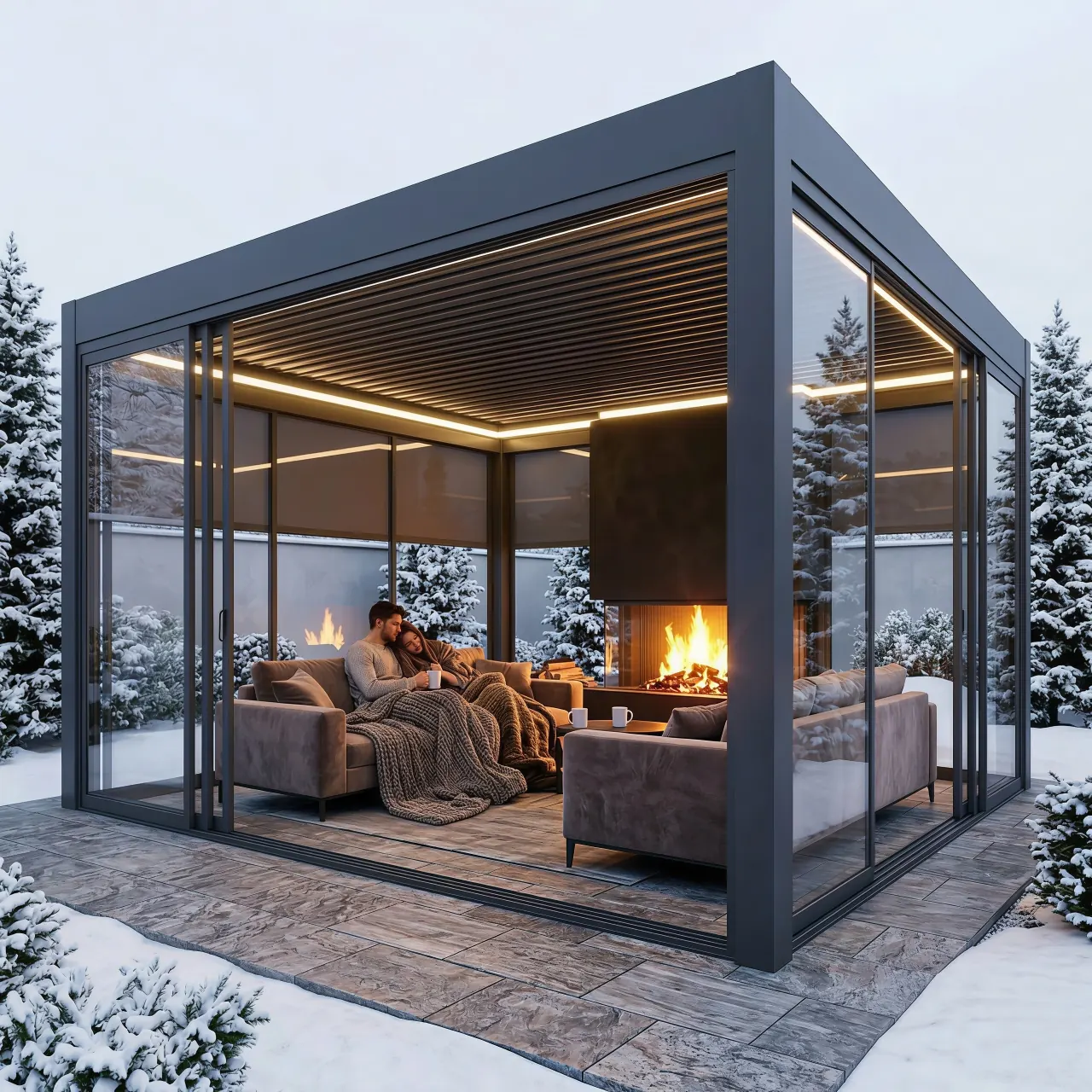 Adjustable louvered pergola with glass side enclosures for a sheltered garden room